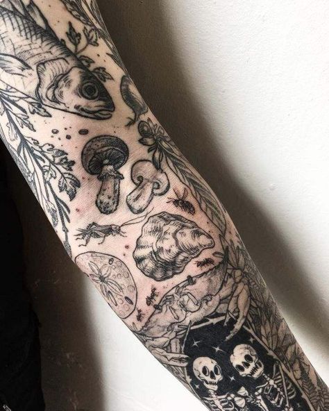 Beehive Arm Tattoo, Sea Turtle Seaweed Tattoo, Black And Gray Filler Tattoo, Themed Patchwork Tattoo Sleeve, Many Tattoos On Arm, Environmentalist Tattoo Ideas, Plant Patchwork Sleeve Tattoo, Mushroom Filler Tattoo, Simple Bold Tattoos