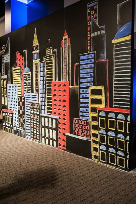 Primary Color Wedding, Gotham Skyline, Comic Book Themed Wedding, Giant Chalkboard, New York Theme Party, Comic Book Theme, Annie Jr, City Backdrop, New York Theme