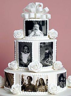 How I would love to have a cake like this for our 25'th wedding party next year with photos from us & the children. 25th Anniversary Party, Wedding Cakes With Cupcakes, 25th Wedding Anniversary, Wedding Party Photos, 50th Wedding Anniversary, Graduation Cakes, 50th Wedding, Anniversary Cake, Photo Cake