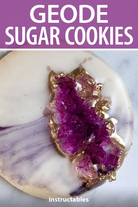 Gem Cookies Decorated, Luster Dust Cookies, Geode Cookies Decorated, Crystal Cookies Decorated, How To Make Rock Candy, Geode Desserts, Crystal Desserts, Geode Macarons, Geode Birthday Party