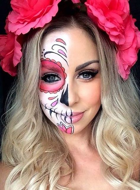 Día De Los Muertos Makeup Ideas For Halloween | Sydne Style #dayofthedead #diadelosmuertos #maekup #halloween #halloweenmakeup Makijaż Sugar Skull, Make Up Diy, Halloween Makeup Sugar Skull, Dead Makeup, Sugar Skull Halloween, Sugar Skull Makeup, Candy Skulls, Skull Makeup, Halloween Costumes Makeup