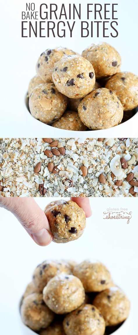 These no bake grain free energy bites are made with healthy, whole food ingredients, but no oats. The perfect on the go grain free snack! Grain Free Snacks, Grain Free Bread, Dog Treats Grain Free, Grain Free Diet, Grain Free Dog Food, Grain Free Granola, Protein Ball, Food Ingredients, Grain Free Recipes