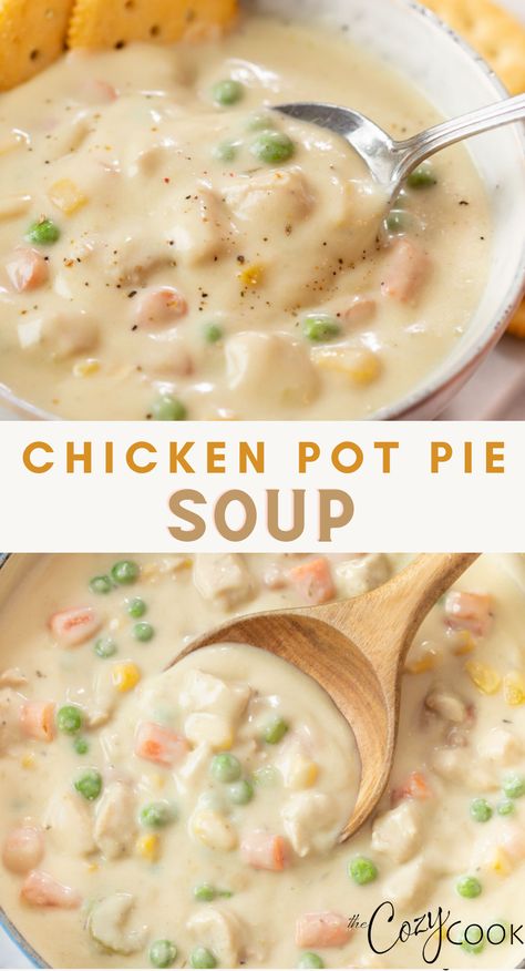 chicken pot pie soup in a bowl with a wooden spoon pulling out a scoopful. Easy Chicken Pot Pie Soup, Chicken Pot Pie Soup Recipe, Pot Pie Soup Recipe, Comfort Soups, Bowl Chicken, Chicken Pot Pie Soup, Pot Pie Soup, Vegetable Soup With Chicken, Easy Chicken Pot Pie