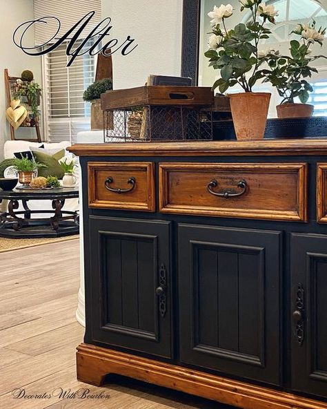 Two Tone Wood And Paint Furniture, Buffet Cabinet Flip, Furniture Painted Black And Natural Wood, Black And Brown Cabinet, Black And Wood Armoire, Painted Cabinets With Stained Doors, Black Matte Furniture, Black And Stained Cabinets, Matte Black Furniture Diy