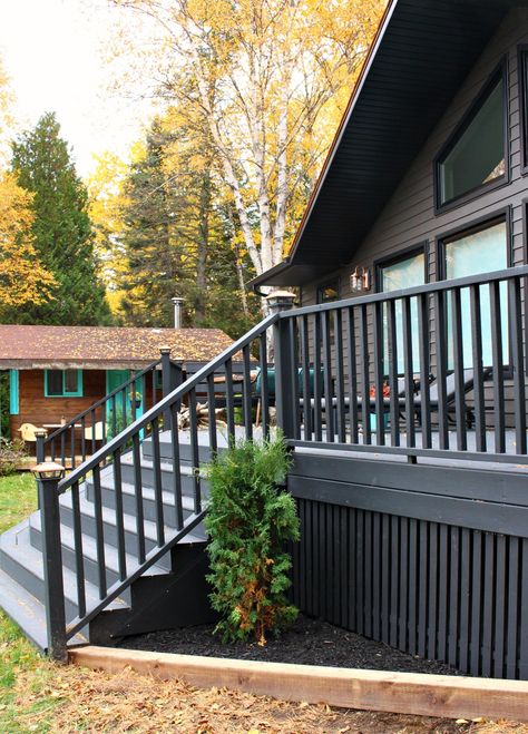 Modern DIY Vertical Slatted Deck Skirting (Sponsored by The Home Depot Canada) | Dans le Lakehouse Lattice Deck, Behr Exterior Paint, Patio Plan, Skirting Ideas, House Skirting, Deck Skirting, Deck Makeover, Black Deck, Modern Deck