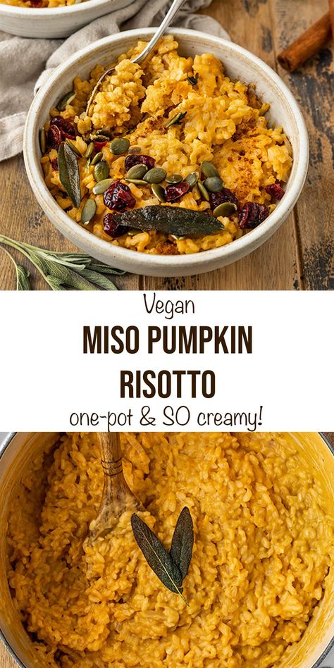 Vegan Miso Pumpkin Risotto Pumpkin Risotto Recipes, Vegan Risotto, Autumn Recipes Vegetarian, Pumpkin Risotto, Vegan Pumpkin Recipes, Fall Vegan Recipes, Being Vegan, Risotto Recipe, Fall Comfort Food