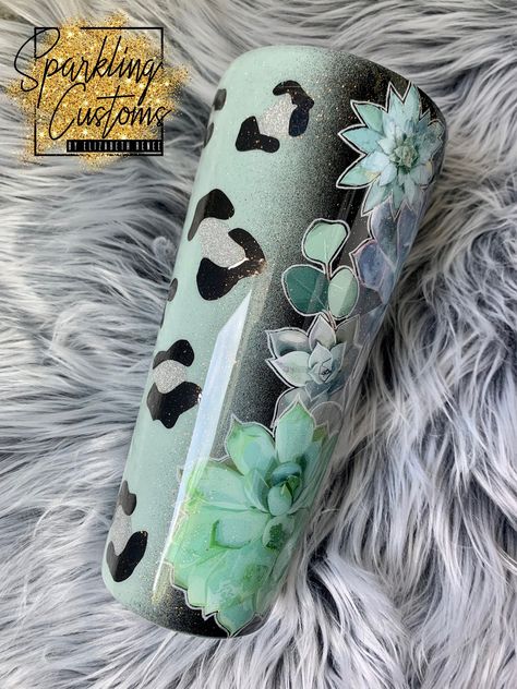 Plant Tumbler Ideas, Succulent Tumbler, Cheetah Print Tumbler, Vacation Tumbler, Leopard Painting, Glitter Tumbler Cups, Sublimation Ideas, Glitter Tumblers, Custom Tumbler Cups