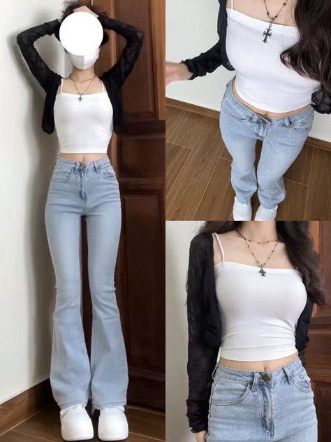 Crop Top And High Waisted Pants, Outfit Ideas Daily, High Waisted Flared Jeans Outfit, Tops With Flared Jeans, Casual Outfits Flare Jeans, Denim Flare Pants Outfit, Flare Pants Outfit Ideas, Flare Leg Jeans Outfit, เสื้อผ้า Kylie Jenner