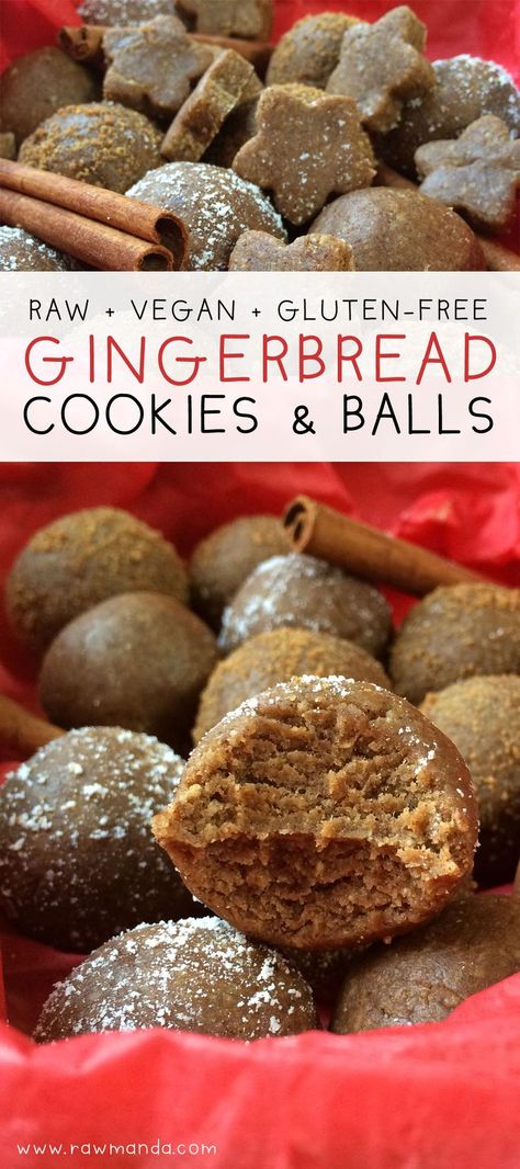 Raw Gingerbread Cookie Recipe (Vegan,Gluten-Free) -  Perfect delicious treat for staying healthy during the holidays. @rawmanda Cookies Balls, Deserturi Raw Vegan, Gluten Free Gingerbread Cookies, Healthy Vegan Dessert, Gingerbread Cookie Recipe, Vegan Cookies Recipes, Ginger Bread Cookies Recipe, Raw Desserts, Vegan Christmas