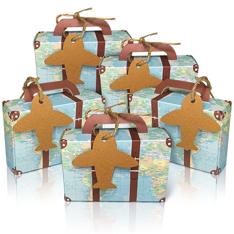 PRICES MAY VARY. ✈️ PACKAGE INCLUDED - 50pcs world map mini suitcase boxes, 50pcs airplane shape kraft tags and 50pcs jute twine, easy to assemble and very practical to fill. ✈️ EYE-CATCHING STYLE - Travel suitcase design can make your party or wedding more unique and beautiful. A world map was printed on the surface of the favor boxes, give an extra charm to your favors. ✈️ PREMIUM QUALITY - Small cardboard boxes are made of high quality kraft card paper, vintage paper, beautiful, thick, practi Suitcase Design, Kraft Tags, Mini Suitcase, Fest Temaer, Travel Party Theme, Rainbow Toy, Wedding Candy Boxes, Candy Party Favors, Travel Theme Wedding