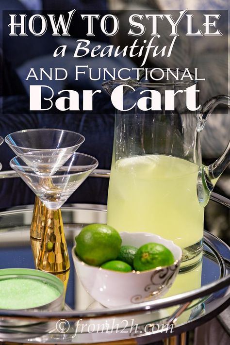 How To Style A Bar Cart | www.fromh2h.com Style A Bar Cart, Gold Bar Cart Target, Gold Bar Cart Styling, Gold Champagne Flutes, Margarita Bar, Diy Bar Cart, Gold Bar Cart, Outside Bars, Wine Ice Bucket