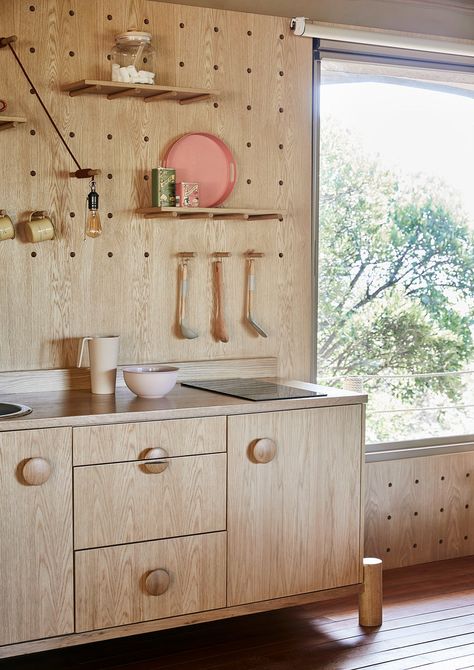 African Vacation, Pegboard Kitchen, Plywood Kitchen, Moonrise Kingdom, Low Cabinet, Wood Counter, Kitchen Cabinetry, Local Design, Peg Board