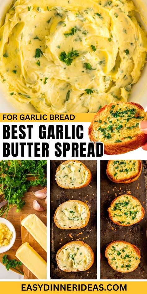 This 5-minute garlic butter spread with herby parsley and a touch of garlic salt is everything you need for a toasty baguette appetizer. It's light, fluffy, and perfectly creamy! Add smoked paprika, sliced jalapeños, or crunchy walnuts for more flavor. #garlicspread #garlicbutter #easycondiment Garlic Bread Butter Spread, Garlic Butter Spread For Bread, Garlic Spread Recipes, Garlic Spread For Bread, Garlic Bread Spread Recipe, Garlic Parmesan Butter, Garlic Butter Bread, Baguette Appetizer, Best Garlic Butter