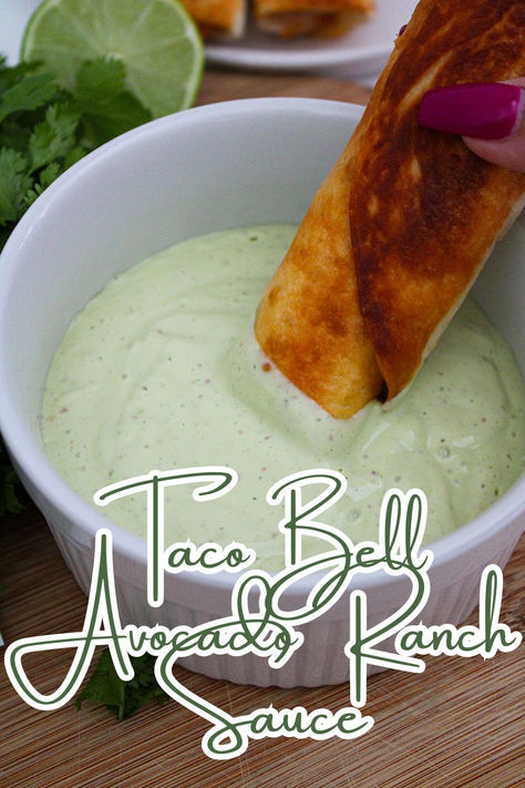 creamy taco bell avocado ranch sauce Copycat Bww Ranch, Taquitos Sauce Recipe, Taco Bell Copycat Recipes Sauces, Taco Bell Avocado Verde Salsa, Creamy Jalapeno Sauce Taco Bell, Taco Bell Baja Sauce Recipe, Taco Cabana Copycat Recipes, Taco Bell Avocado Ranch Sauce, Taquito Sauce