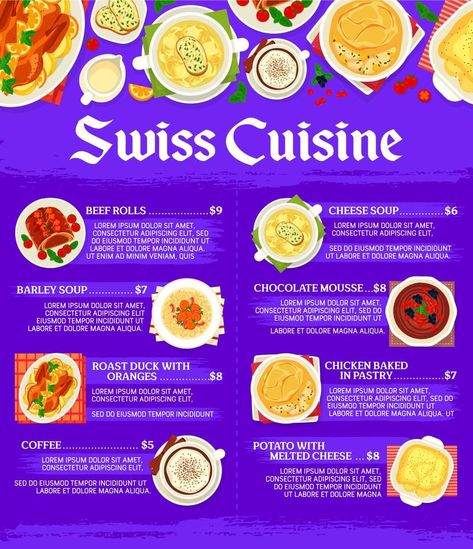 Swiss restaurant cuisine menu page vector template Swiss Restaurant, Swiss Cuisine, Roast Duck, Barley Soup, Cheese Soup, Vector Template, Chocolate Mousse, Barley, Baked Chicken