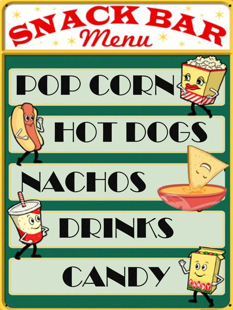 Snack Bar Menu Movie Room Snack Bar, Movie Snack Bar, Movie Theater Snack Bar, Diy Movie Room, Movie Theater Concession, Snack Bar Menu, Movie Classroom, Snack Bar Sign, Concession Stand Sign