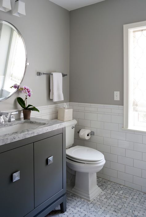 Wall color is Sterling Silver by Benjamin Moore. Cahill Design Small Grey Bathrooms, Small Basement Bathroom, Makeover Kamar Mandi, Updated Bathroom, Gray And White Bathroom, Bilik Air, Subway Tiles Bathroom, Gray Bathroom Decor, Bad Inspiration