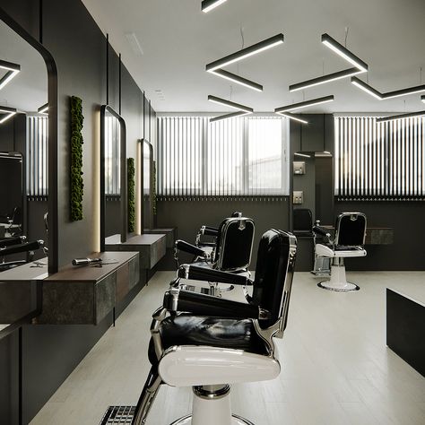 Minimalist Barbershop, Modern Barber Shop Ideas Interior Design, Barber Interior, Modern Barber Shop, Barbershop Design Interior, Barber Shop Interior, Beauty Salon Interior Design, Hair Salon Design, Industrial Office Design