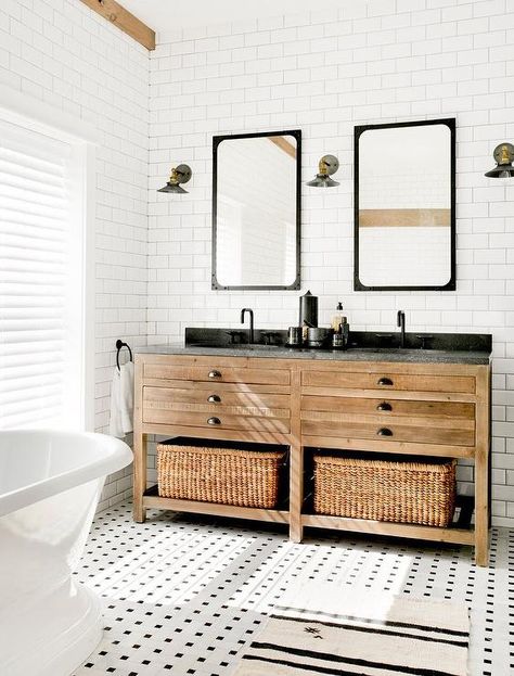 Vintage Carrera marble basketweave floor tiles in a cottage bathroom bring a fresh and fun appeal. Ideas Baños, Rustic Farmhouse Bathroom, Farmhouse Bathroom Design, Fresh Farmhouse, Bad Inspiration, Wood Vanity, Rustic Bathroom, Cool Ideas, Remodel Bedroom