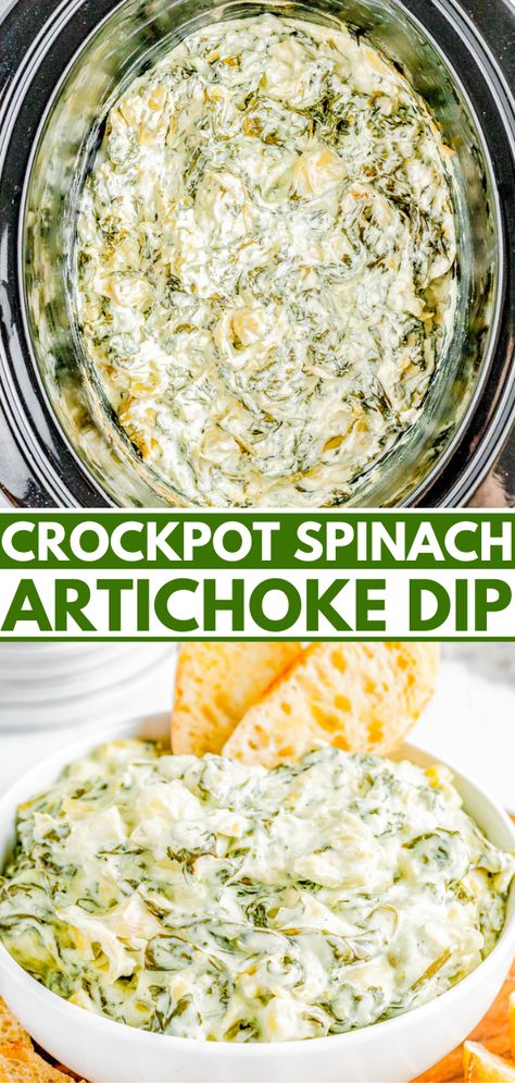 Crockpot Spinach Artichoke Dip - Creamy, cheesy, and best of all SO EASY! Add the spinach, artichokes, mozzarella, and Parmesan to your slow cooker and let it do all the work! All you have to do is stir, serve, and watch everyone devour the dip! It's better than any restaurant version and perfect for holiday entertaining, Christmas and New Year's parties, Super Bowl, or anytime you need the BEST spinach and artichoke dip! Easy Crockpot Spinach Artichoke Dip, Crockpot Spinach Artichoke Dip, Easy Spinach Artichoke Dip, Cheesy Dip Recipes, Slow Cooker Spinach Artichoke Dip, Crockpot Spinach, Artichoke Dip Easy, Spinach Artichoke Dip Easy, Spinach Artichoke Dip Recipe