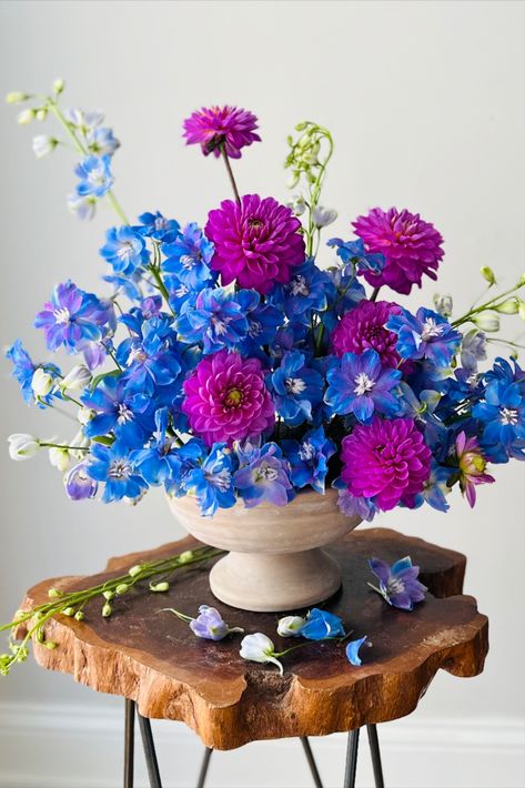 Vibrant purple and blue flower arrangement. Blue And Pink Floral Arrangements, Purple Blue Flower Arrangements, Purple And Blue Flower Arrangements, Pink And Blue Flower Arrangements, Purple Flower Arrangements, Blue Flower Arrangements, White Floral Centerpieces, Purple Valentine, White Flower Arrangements