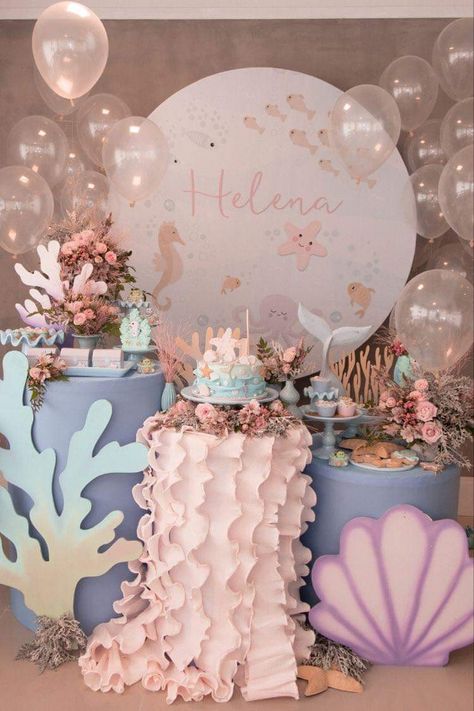 Mermaid Theme Table Decor, Classy Mermaid Party, Mermaid Makeover Party, Shellebration Party, Mermaid Party Table Decor, Outdoor Tent Decorations, Oneder The Sea 1st Birthday Girl, Mermaid Tablescape, Mermaid Decorations Party