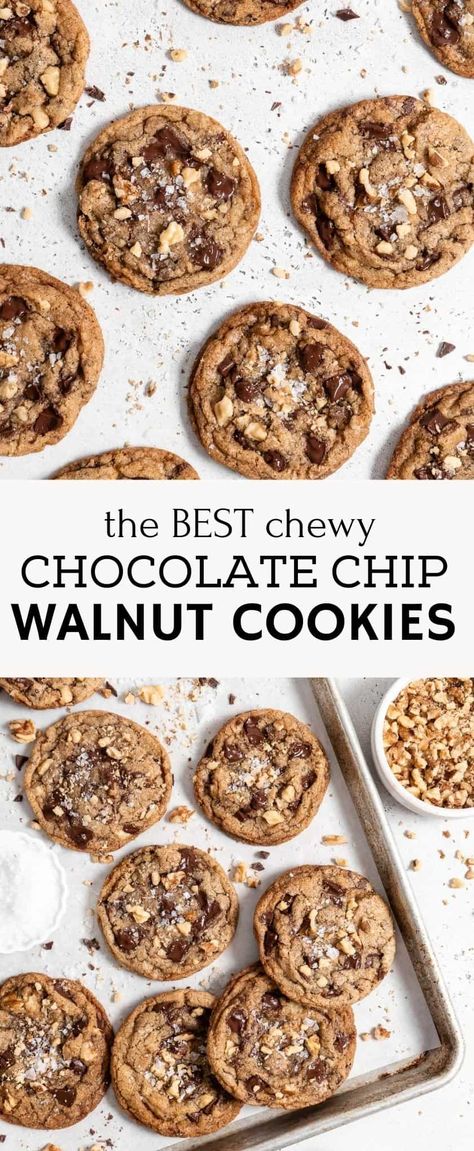 The BEST Chocolate Chip Walnut Cookies recipe that you’ll ever try is super simple to make and so delicious. The cookies have chewy centers with slightly crisp edges and are loaded with chocolate and walnuts. #chocolatechipwalnutcookies #chocolatechipcookies #cookierecipes #chocolatecookies #walnutcookies #bakedambrosia | bakedambrosia.com Walnut Cookies Recipe, Walnut Dessert, Walnut Cookie Recipes, Chocolate Chip Walnut Cookies, Walnut Recipes, Best Chocolate Chip, Fav Food, Walnut Cookies, Meatless Main Dishes