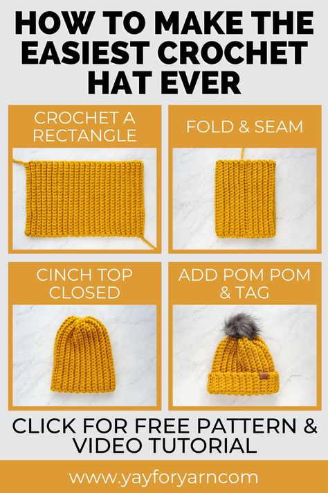 This simple-to-make hat is made from a crocheted rectangle! It’s the perfect project for a beginner crocheter, or anytime you want to make a quick and easy project. #crochethat #freecrochetpatterns #crochethatpatterns #easycrochetpatterns #crochetforbeginners #crochetbabyhats #crochetskihat #crochetslouchyhat Poncho Crochet, Easy Crochet Hat, Beginner Knitting, Crochet Patterns Free Beginner, Hat Tutorial, Crochet Hat Free, Crochet Beanie Pattern, Crochet Hats Free Pattern, Beginner Crochet Projects