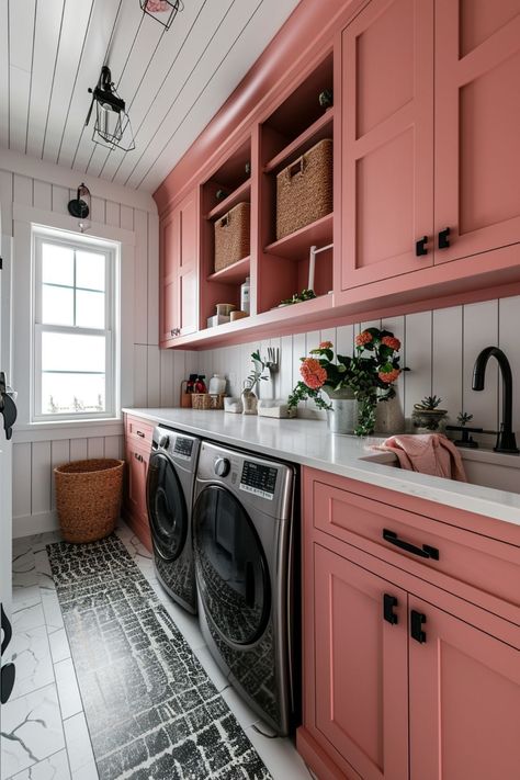 Revamp your laundry room with these 5 essential design tips! Discover how to maximize space, choose the right storage, and add a touch of style for a functional and appealing laundry area. Perfect for home improvement enthusiasts. Click for more ideas! Feminine Laundry Room Ideas, Rust Laundry Room, Fun Colorful Laundry Rooms, Laundry Room Colored Cabinets, Laundry Room Ideas Colorful, Colourful Utility Room Ideas, Pink Laundry Room Cabinets, Coral Laundry Room, Colorful Laundry Rooms