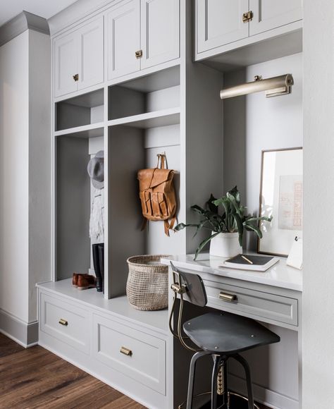 Mudroom with desk idea for smaller space. Desk In Front Of Sliding Glass Door, Basement Mudroom Ideas, Mudroom Office, Mudroom Kitchen, Mudroom Cabinets, Laundry Room/mud Room, Mudroom Entryway, Mudroom Decor, Mudroom Laundry Room