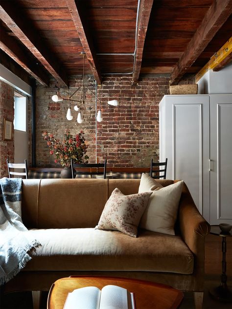 Exposed Brick Walls Living Room, Zara Home Pillows, Exposed Brick Living Room, Exposed Brick Loft, Exposed Brick Apartment, Exposed Brick Interior, White Oak Furniture, Brick Wall Living Room, Brick Wall Decor