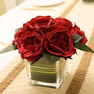 GreenHouzz Artificial Peony Silk Flower Centerpieces Faux Floral Arrangement in Glass Vase for Home Wedding Table Decoration (Red) Red Winter Wedding Centerpieces, Black White Red Table Setting, Artificial Peonies Arrangement, Red Wedding Centerpieces, Burgundy Wedding Centerpieces, Silk Flower Centerpieces, Square Glass Vase, Red Centerpieces, Artificial Peony