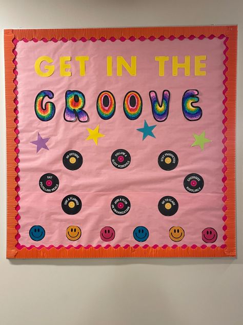 70s Bulletin Board, Disco Ball Bulletin Board Ideas, Groovy Door Decorations, 70s Bulletin Board Ideas, College Floor Themes, Welcome Bulletin Boards College, Floor Themes Residence Hall, Ra Dorm Hall Themes, Ra Themes Floors