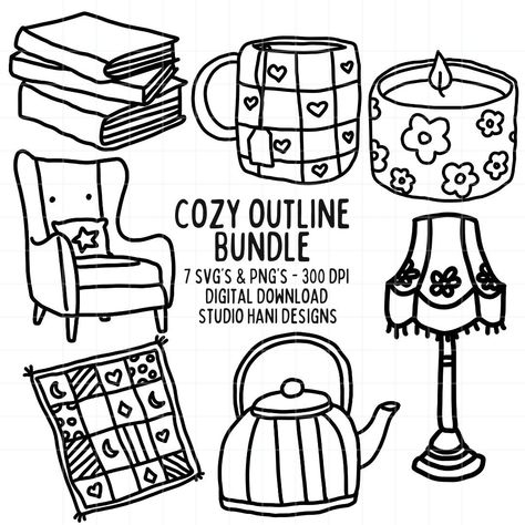 Cozy Clip Art, Blanket Doodle Drawing, Couch Doodle, Chair Doodle, Cozy Doodles, Lamp Doodle, Cosy Illustration, Candle Doodle, Lamp Book