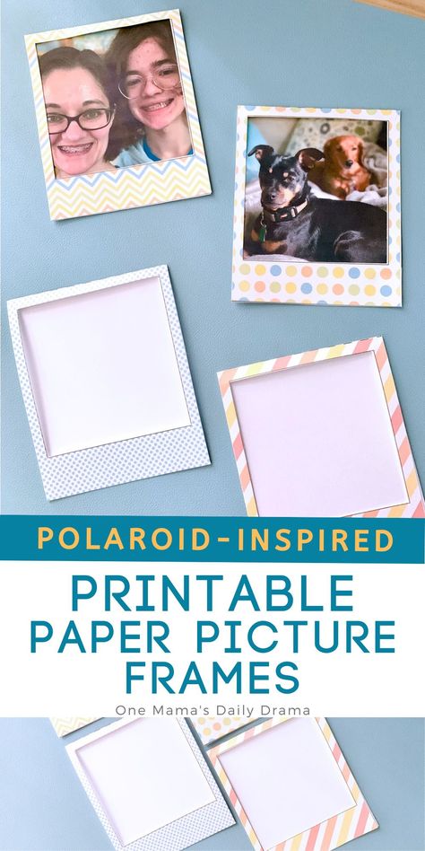 Turn any photo into art for decor and scrapbooks with a cute printable paper picture frame shaped like classic Polaroids. Colorful picture frames + templates to use with any paper. Download now at One Mama's Daily Drama. Make Your Own Frame, Picture Frame Templates Free Printable, Scrapbook Photo Frame, Paper Frames For Pictures, Diy Picture Frames For Kids, Paper Frame Template, Printable Picture Frames, Diy Polaroid Frame, Photo Frame Printable