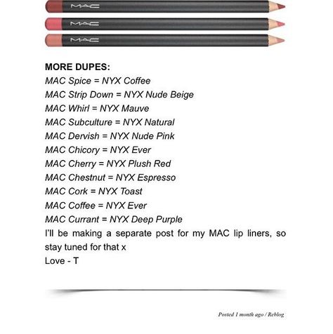 Handy key for MAC lipliner dupes!                                                                                                                                                     More Mac Lipliner, Mac Brave, Nyx Lip Liner, Mac Lip Liner, Nyx Lip, Mac Lips, Mac Makeup, Makeup Obsession, Drugstore Makeup