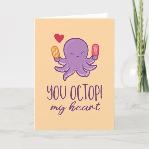 $3.97 | You Octopi My Heart Octopus Funny Valentine's Day #best friend buddies bff, school kids classroom valentine, wedding anniversary, husband wife boyfriend girlfriend, personalized birthday card, hilarious punny humor humorous, sweet valentine's day, you octopi my heart, funny animal octopus pun joke, cute kawaii octopus Pun Greeting Cards, Punny Cards For Boyfriend, Pun Cards For Boyfriend, Corny Love Jokes, Romantic Puns, Diy Cards Get Well, Octopus Funny, Greeting Card For Husband, Cheesy Valentines