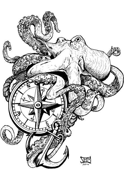 Octopus and compass tattoo by Sean Manning Nautical Tattoo Sleeve, Octopus Tattoo Sleeve, Kraken Tattoo, Compass Rose Tattoo, Moon Sea, Octopus Drawing, Tattoo Moon, Octopus Tattoo Design, Pirate Tattoo