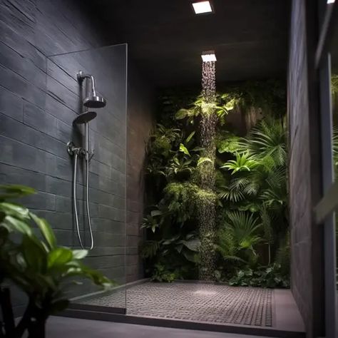 Shower Room With Plants, Garden Shower Indoor, Shower Garden Indoor, Fancy Showers Walk In, Rainforest Bathroom Ideas, Walkin Shower Ideas, Garden Bathroom Ideas, Asian Bathroom Ideas, Architect Kitchen