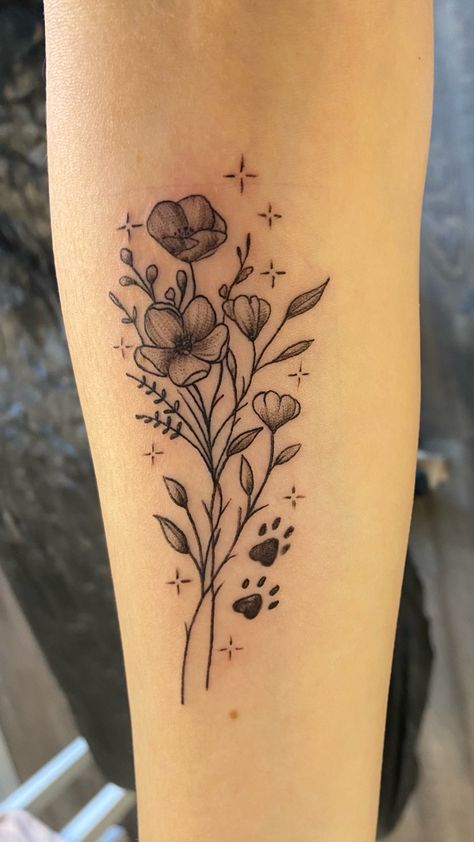 Tattoo Flowers Paws Dog Flower Tattoo With Paw Print, Labrador Flower Tattoo, Flower Bouquet With Dog Paw Tattoo, Dog Print Flower Tattoo, Dog Paw Print Flower Tattoo, Tattoo Ideas For Animals That Passed, Flowers And Paw Print Tattoo, Dog Theme Tattoo, Paw And Flower Tattoo