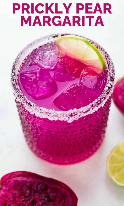 Learn how to make a prickly pear margarita at home with this easy recipe. You only need 4 ingredients and 5 minutes of prep for this simple, refreshing prickly pear cocktail. Pear Margarita Recipe, Prickly Pear Recipes, Simply Whisked, Prickly Pear Juice, Pear Margarita, Prickly Pear Margarita, Easy Margarita Recipe, Mezcal Margarita, Easy Margarita