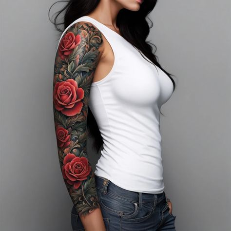 I will create a full sleeve design tattoo unique sleeve tattoo Women Full Sleeve Tattoo, Full Sleeve Tattoos Women, Sleeve Tattoos Women, Skull And Roses Tattoo, Arm Cover Up Tattoos, Ad Tattoo, Masculine Tattoos, Full Sleeves Design, Tattoo Unique