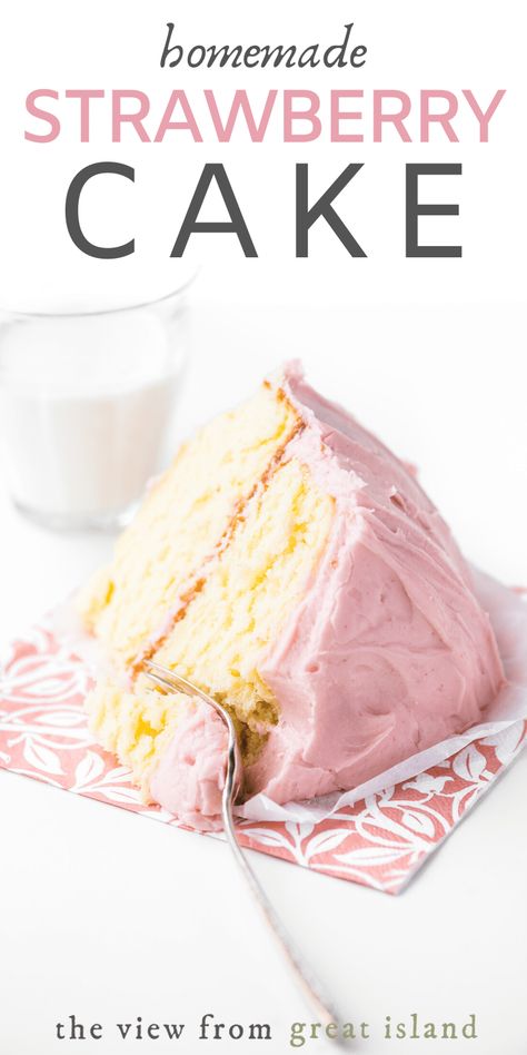 Homemade Yellow Cake with Strawberry Frosting ~ simple, homey, and fresh, this strawberry cake is the perfect finish for a spring meal or birthday dinner! #easy #recipe #best #fresh #layercake #cake #dessert #Easter #mothersday #wedding #shower #cake #strawberry #yellowcake #pink #babyshower Cake With Strawberry Frosting, Banana Filling, Strawberry Frosting Recipes, Homemade Yellow Cake, Dessert Easter, Homemade Strawberry Cake, Yellow Cake Recipe, Cake With Strawberry, Cake Strawberry