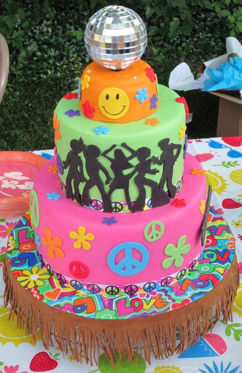 70s Birthday Cake - 70s cake I made for my sil's birthday. The disco ball is blurry because it was spinning.  Triple chocolate fudge cake with chocolate ganache filling, fondant covered, fondant accents. The disco ball was not edible (of course). :) 70s Cake, Hippie Cake, 70s Birthday, Disco Cake, 70s Party Theme, Torte Creative, 70's Party, 70s Theme, Hippie Party