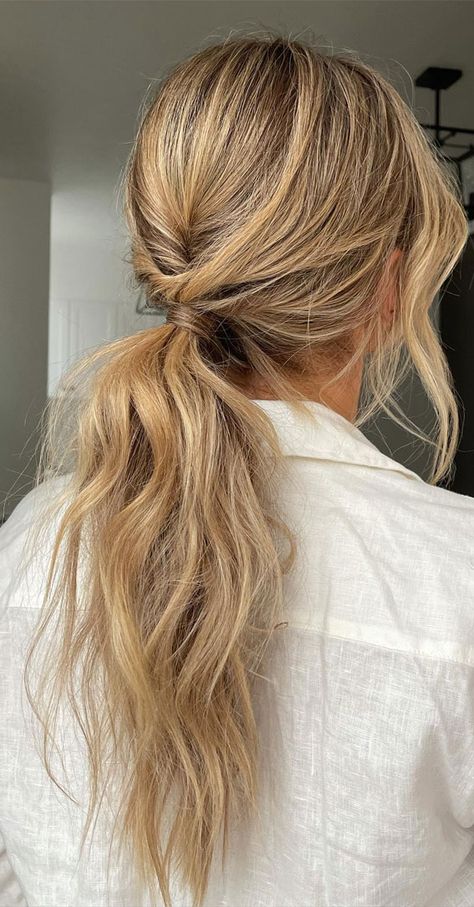 Bridesmaid Messy Ponytail, Low Ponytail Messy, Low Textured Ponytail, Textured Bridal Ponytail, Loose Ponytail Hairstyles Wedding, Event Ponytail, Textured Ponytail Wedding, Wedding Low Ponytail Hairstyles, Bridesmaid High Ponytail