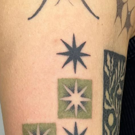 ✶ nicole ✶ on Instagram: "Green star tiles from my new flash ⭐️ bookin October 🩻 u can find the link in my bio" Green Star Tattoo, Dark Green Tattoo Ink, 5 Stars Tattoo Designs, Mismatching Tattoos, Small Tattoos Patchwork, Wonky Star Tattoo, Cool Design Tattoos, Large Stick And Poke Tattoo, Funky Star Tattoo