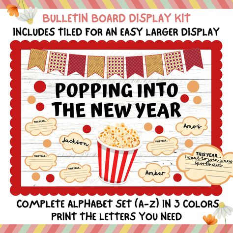 This Is Us Bulletin Board, New Year Bulletin Boards, Popcorn Bulletin Board, Split Pictures, New Years Bulletin Board, New Year Bulletin Board, January Bulletin Board Ideas, January Classroom, Art Bulletin Boards