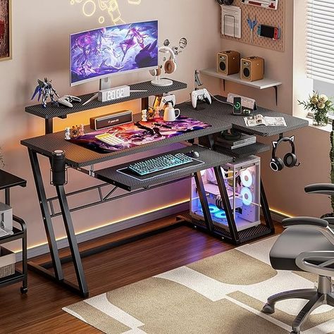 Amazon.com: Gaming Desk with Power Outlets and LED Lights, L Shaped Gaming Desk with Shelves, Reversible L Shaped Computer Desk for Gamer, Carbon Fiber Black, 47" : Home & Kitchen Gaming Desk With Shelves, Elevated Desk, Work Desk Organization, L Shaped Gaming Desk, L Shaped Desk With Storage, Desk With Led Lights, L Shaped Computer Desk, Pc Gaming Desk, Desk With Shelves