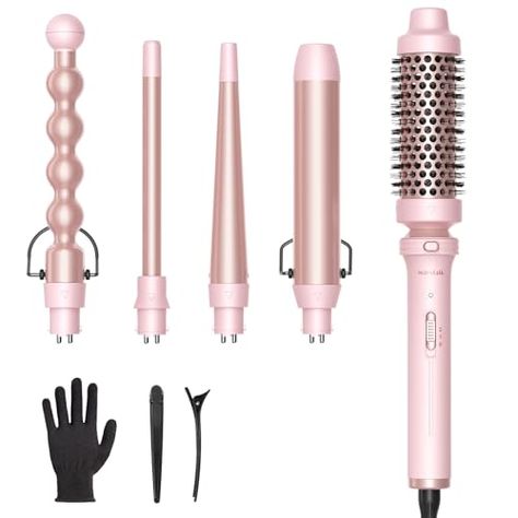 Wavytalk 5 in 1 Curling Iron,Curling Wand Set with Curling Brush and 4 Interchangeable Ceramic Curling Wand(0.5”-1.25”),Instant Heat Up,Include Heat Protective Glove & 2 Clips (Pink) Wavytalk 5 In 1, Curling Wand Set, Curling Brush, Curling Hair With Wand, Attachment Styles, Beauty Finds, Curling Wand, Bubble Wands, Pink Life