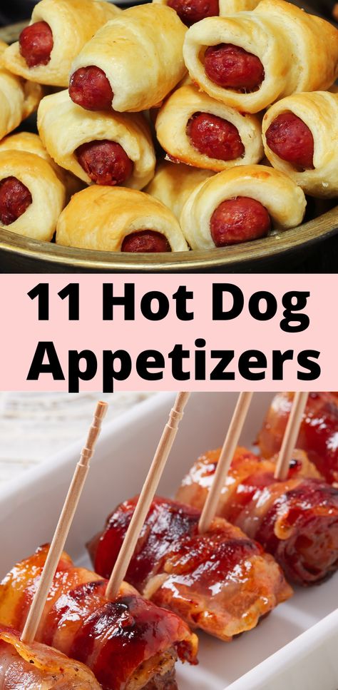 Enjoy one of these delicious hot dog appetizers. There are a variety of recipes on the list so you are sure to find something you will enjoy. Hot Dog Party Food, Little Weenies Recipe, Mini Hot Dog Recipes, Hot Dog Appetizers, Bacon Hot Dogs, Delicious Salad Recipes, Hot Dog Party, Bacon Wrapped Hotdogs, Mini Hot Dogs